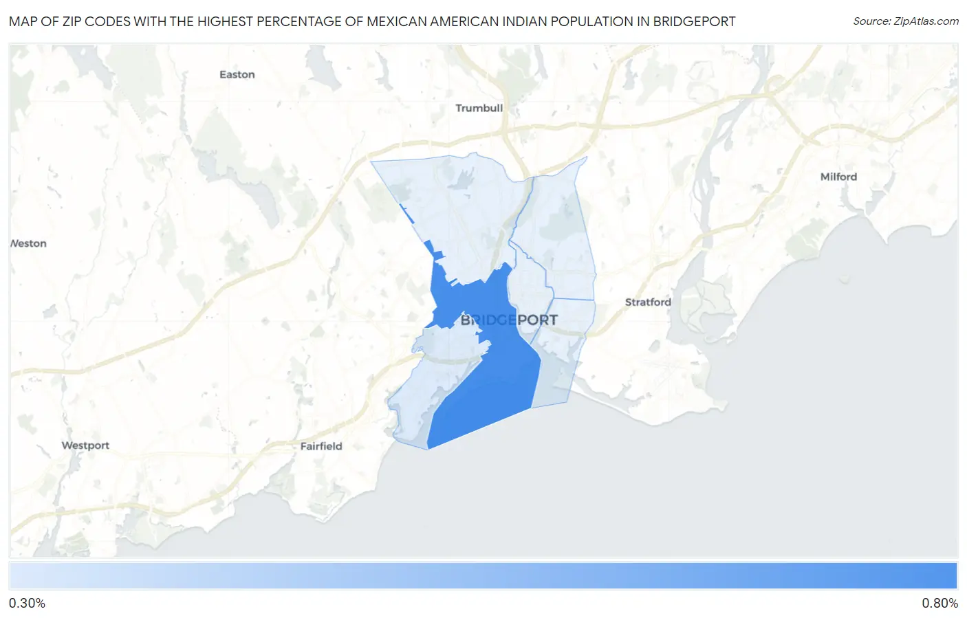 Zip Codes with the Highest Percentage of Mexican American Indian Population in Bridgeport Map