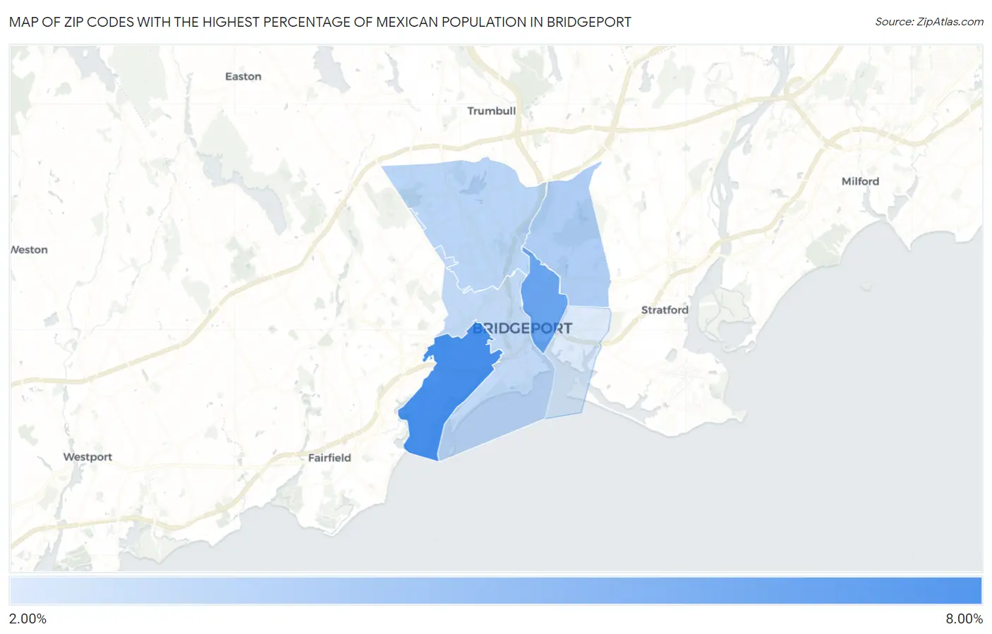 Zip Codes with the Highest Percentage of Mexican Population in Bridgeport Map