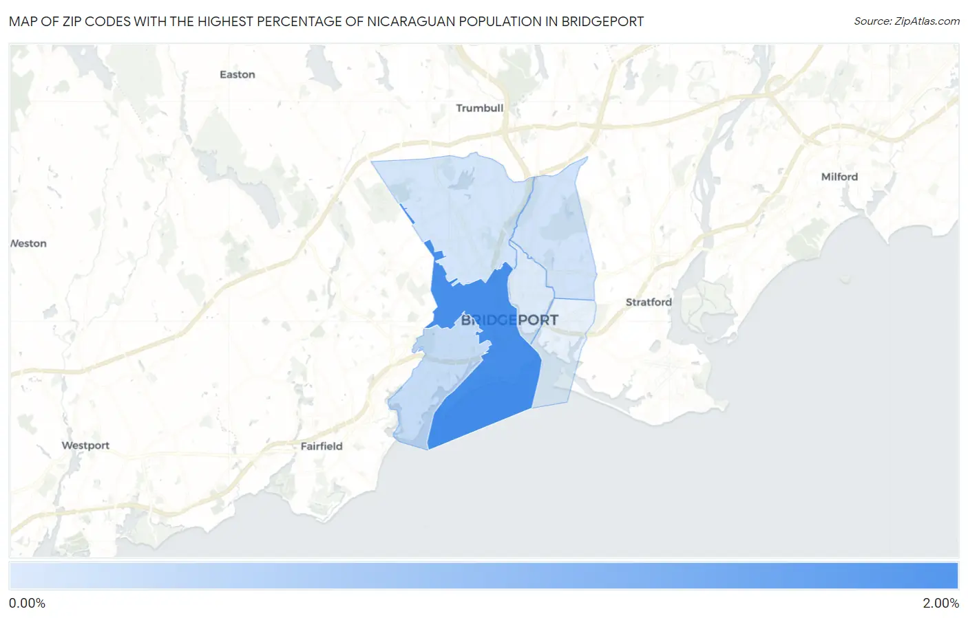 Zip Codes with the Highest Percentage of Nicaraguan Population in Bridgeport Map