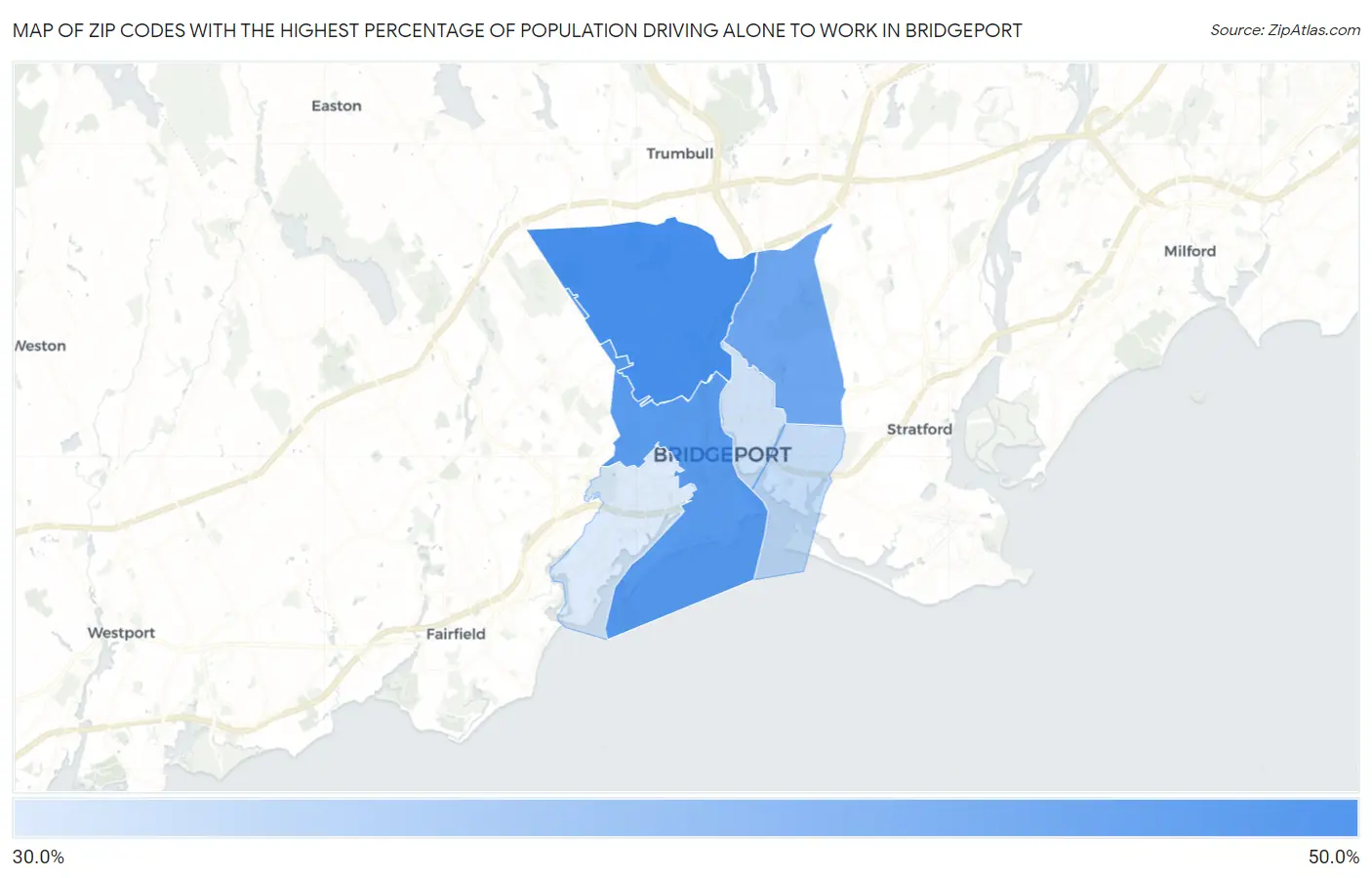 Zip Codes with the Highest Percentage of Population Driving Alone to Work in Bridgeport Map