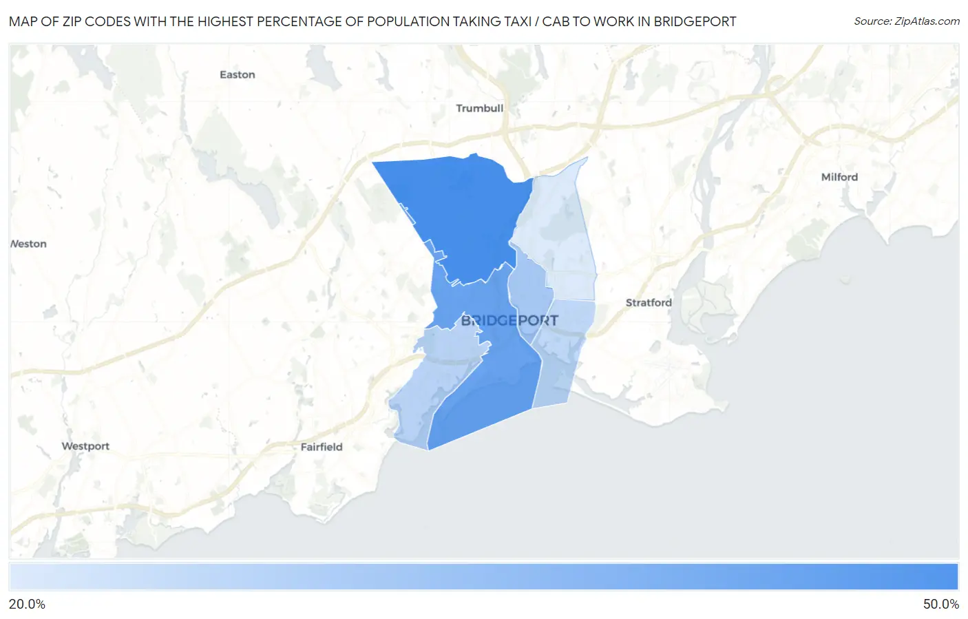 Zip Codes with the Highest Percentage of Population Taking Taxi / Cab to Work in Bridgeport Map