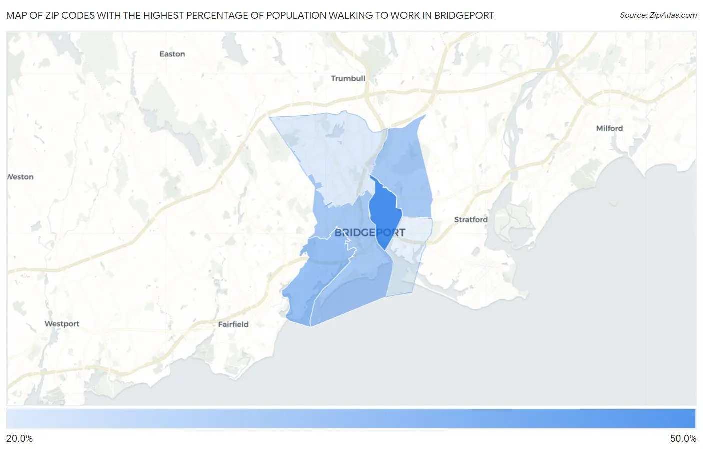 Zip Codes with the Highest Percentage of Population Walking to Work in Bridgeport Map