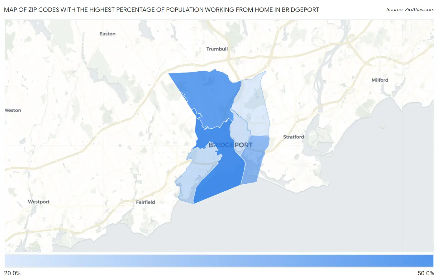 Zip Codes with the Highest Percentage of Population Working from Home in Bridgeport Map
