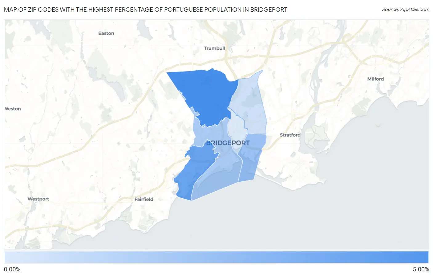 Zip Codes with the Highest Percentage of Portuguese Population in Bridgeport Map
