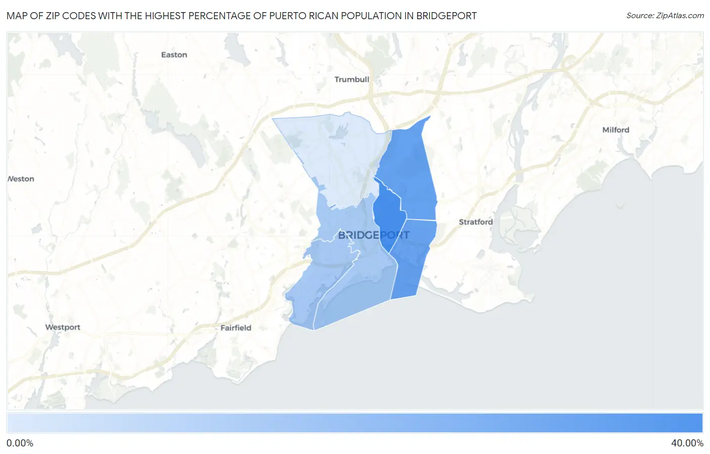 Zip Codes with the Highest Percentage of Puerto Rican Population in Bridgeport Map