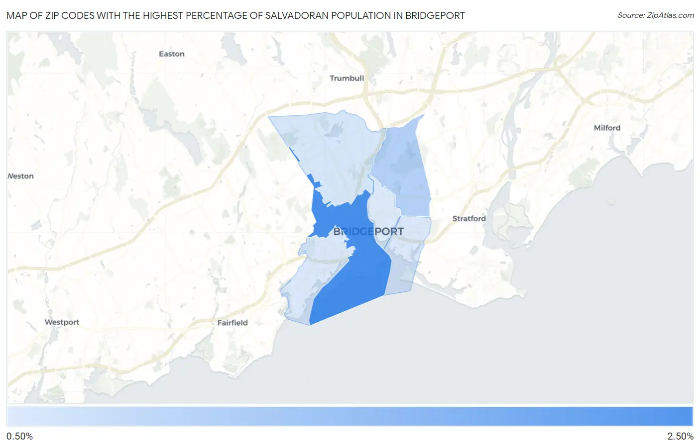 Zip Codes with the Highest Percentage of Salvadoran Population in Bridgeport Map