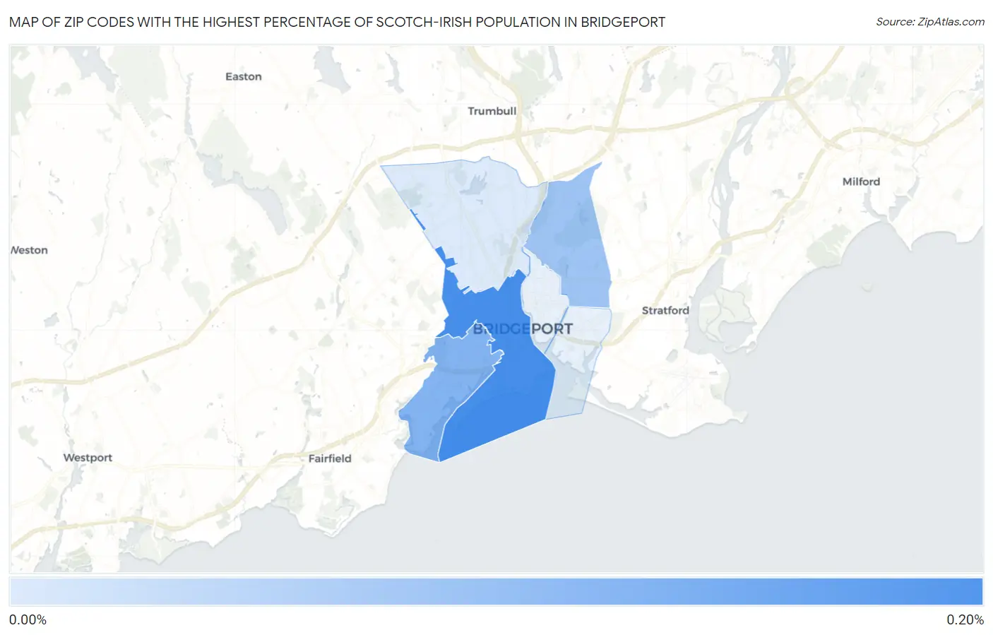 Zip Codes with the Highest Percentage of Scotch-Irish Population in Bridgeport Map