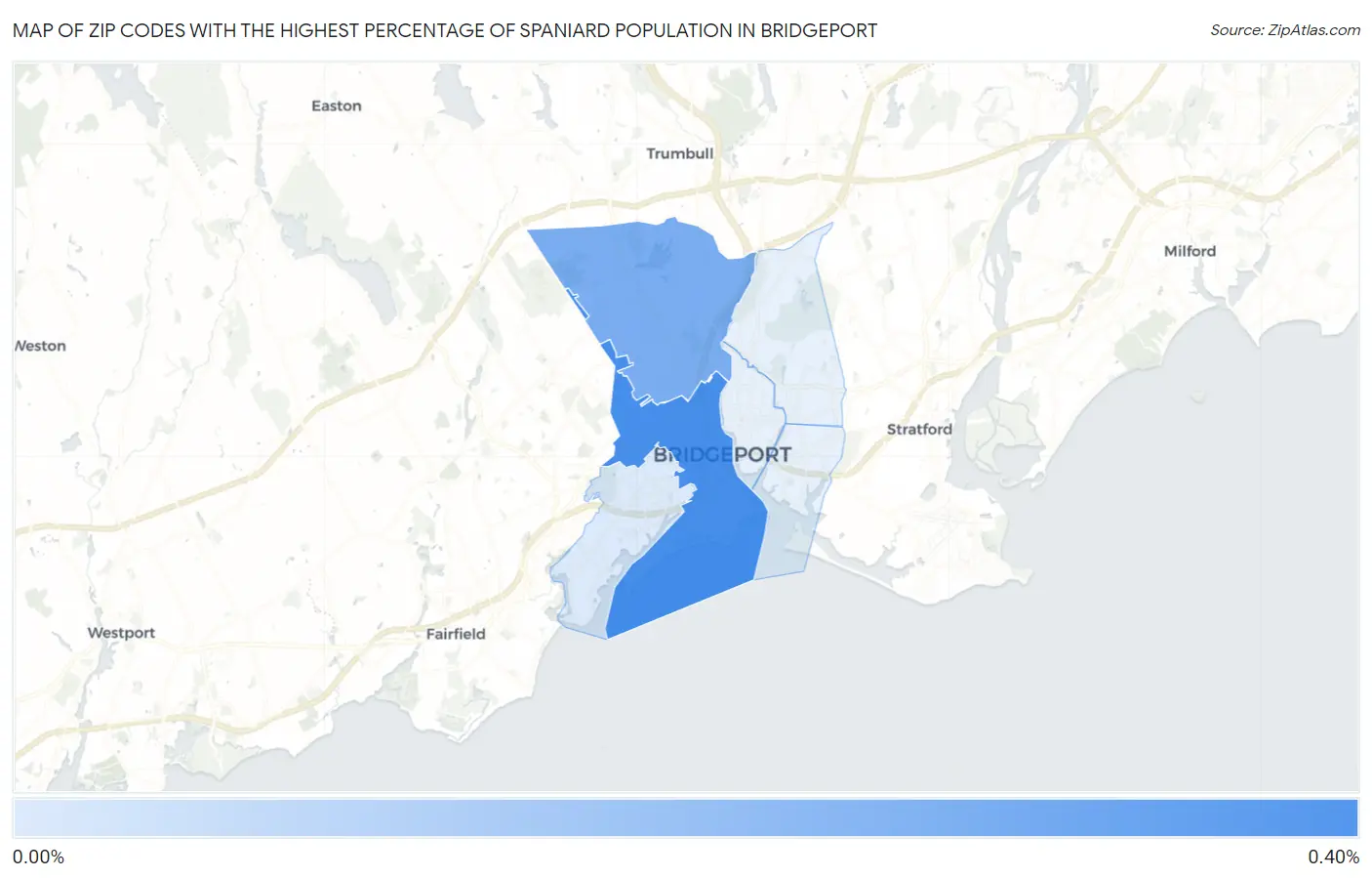 Zip Codes with the Highest Percentage of Spaniard Population in Bridgeport Map
