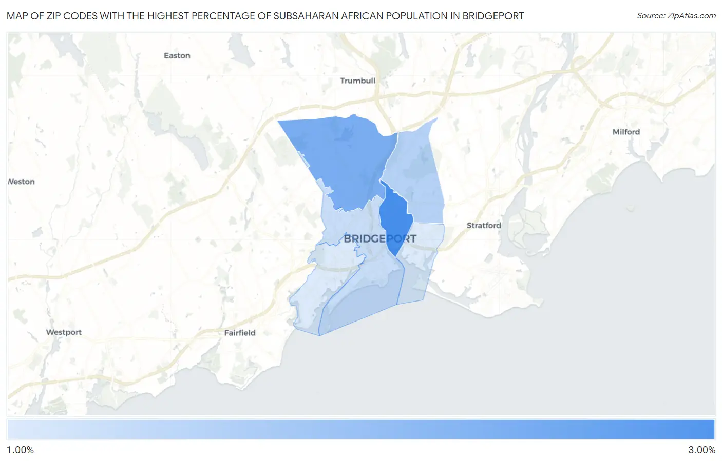 Zip Codes with the Highest Percentage of Subsaharan African Population in Bridgeport Map