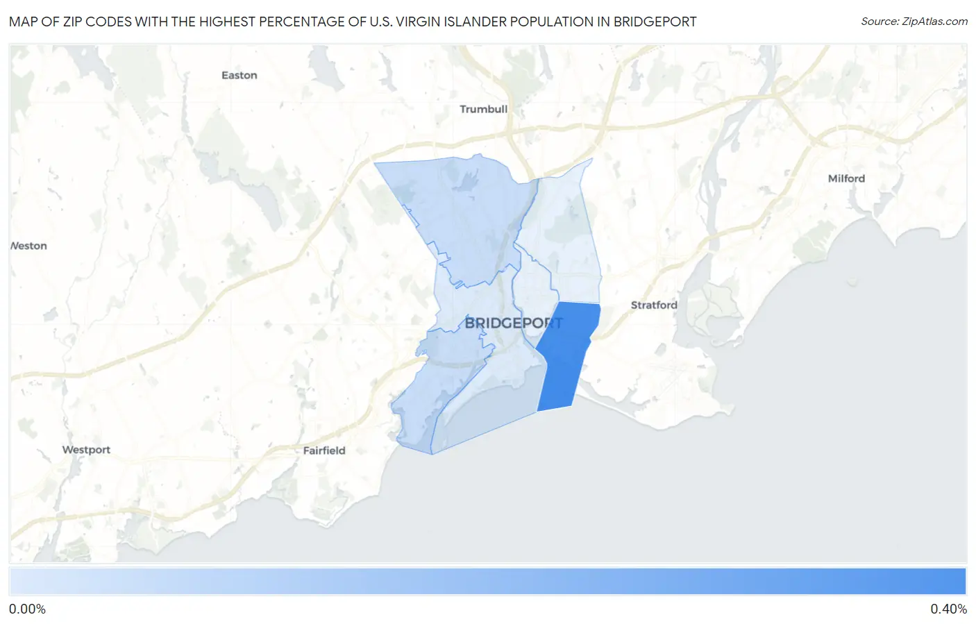 Zip Codes with the Highest Percentage of U.S. Virgin Islander Population in Bridgeport Map
