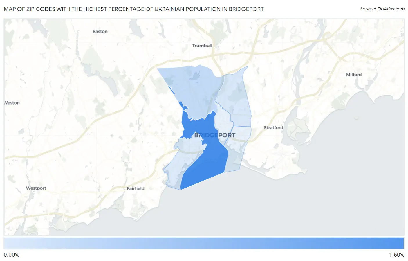Zip Codes with the Highest Percentage of Ukrainian Population in Bridgeport Map