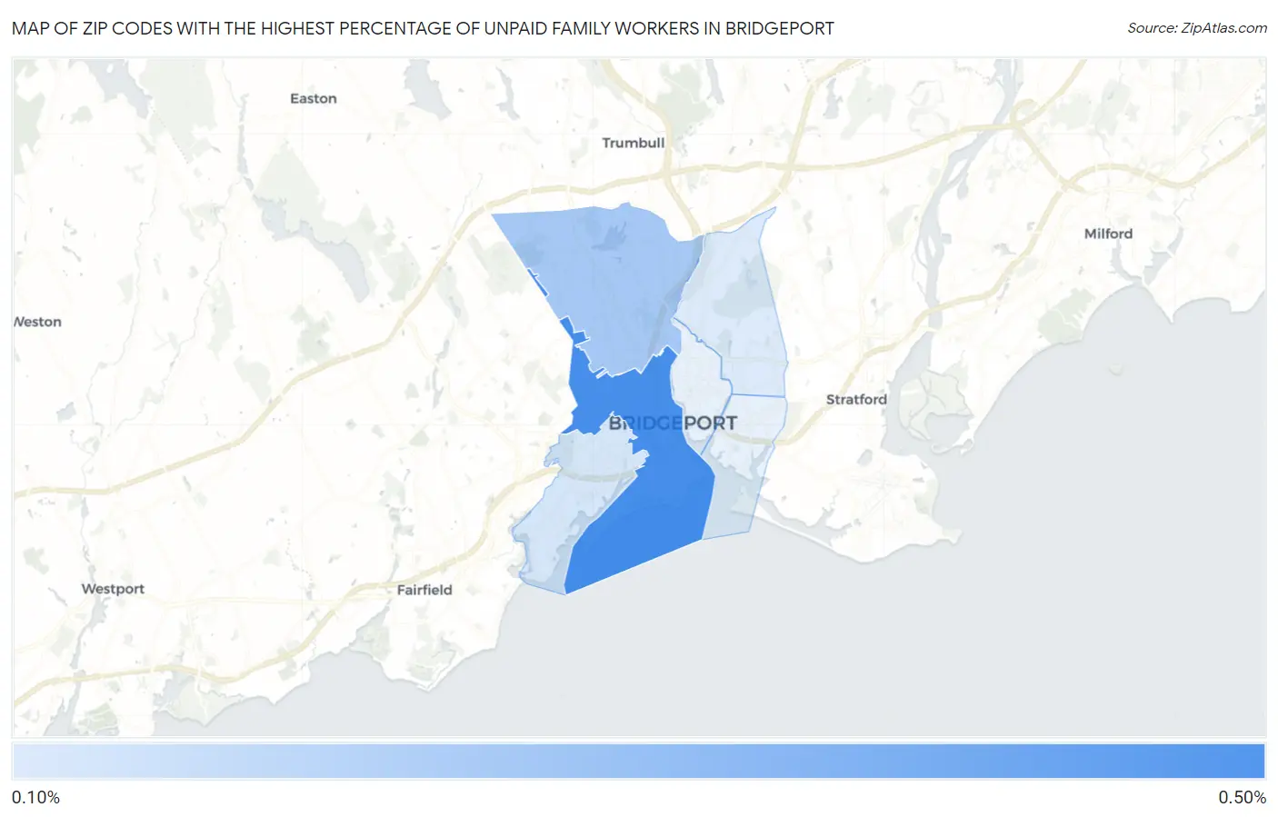 Zip Codes with the Highest Percentage of Unpaid Family Workers in Bridgeport Map