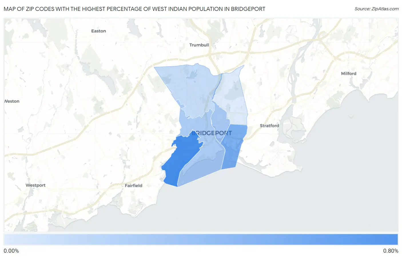 Zip Codes with the Highest Percentage of West Indian Population in Bridgeport Map