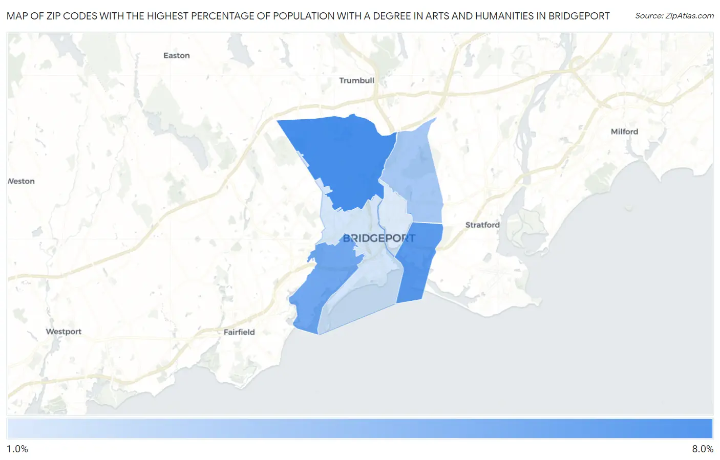 Zip Codes with the Highest Percentage of Population with a Degree in Arts and Humanities in Bridgeport Map