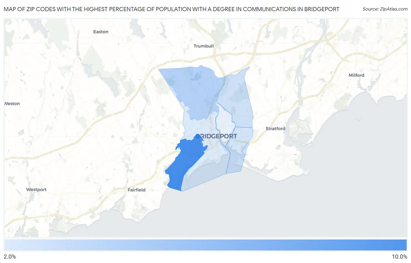 Zip Codes with the Highest Percentage of Population with a Degree in Communications in Bridgeport Map