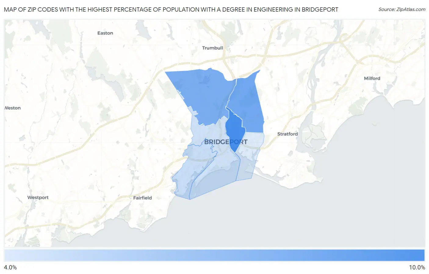 Zip Codes with the Highest Percentage of Population with a Degree in Engineering in Bridgeport Map