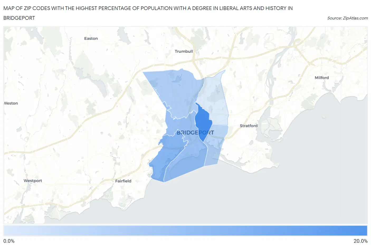 Zip Codes with the Highest Percentage of Population with a Degree in Liberal Arts and History in Bridgeport Map
