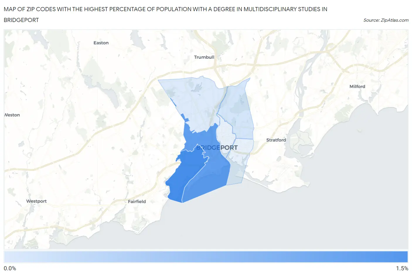 Zip Codes with the Highest Percentage of Population with a Degree in Multidisciplinary Studies in Bridgeport Map