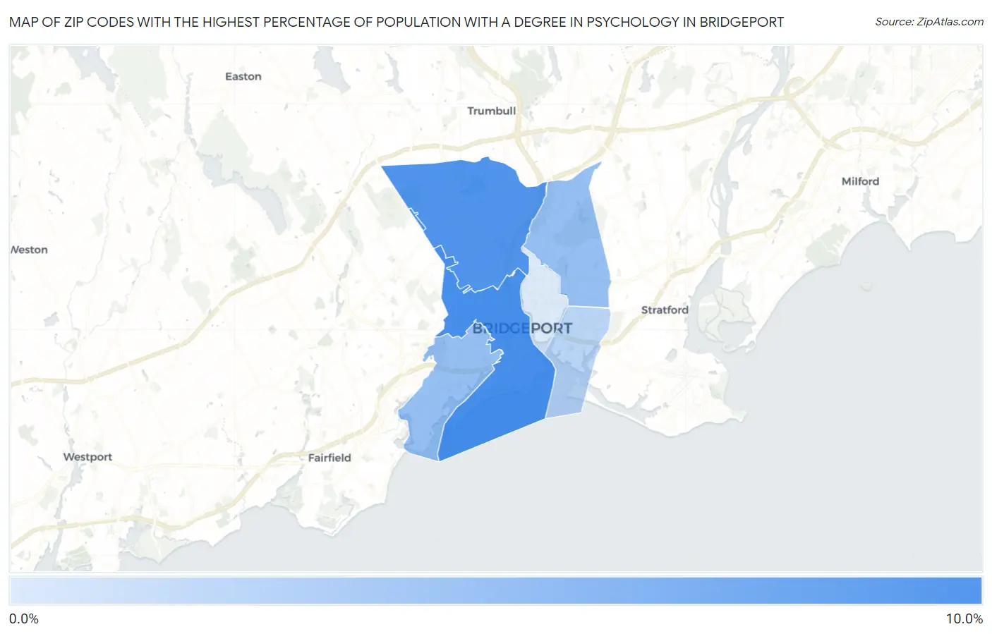 Zip Codes with the Highest Percentage of Population with a Degree in Psychology in Bridgeport Map