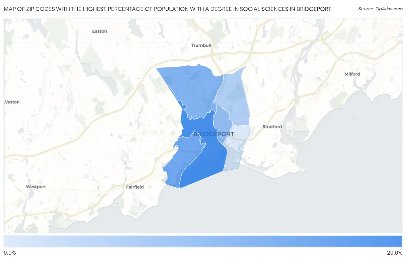 Zip Codes with the Highest Percentage of Population with a Degree in Social Sciences in Bridgeport Map