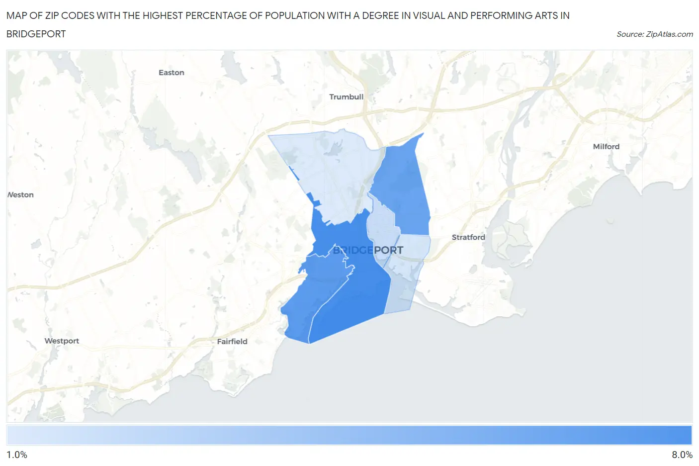 Zip Codes with the Highest Percentage of Population with a Degree in Visual and Performing Arts in Bridgeport Map