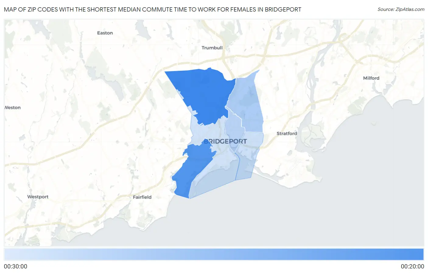 Zip Codes with the Shortest Median Commute Time to Work for Females in Bridgeport Map