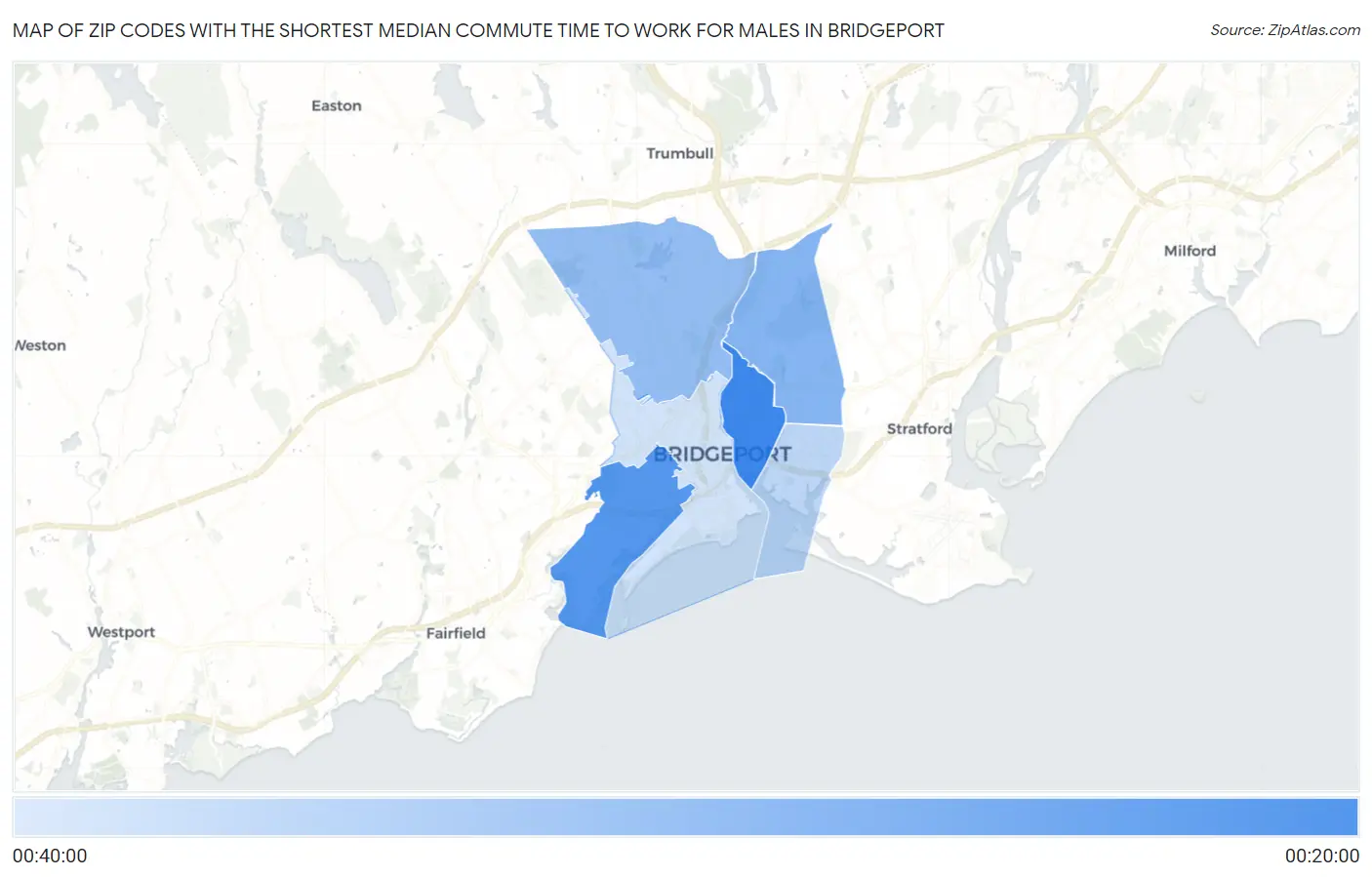 Zip Codes with the Shortest Median Commute Time to Work for Males in Bridgeport Map