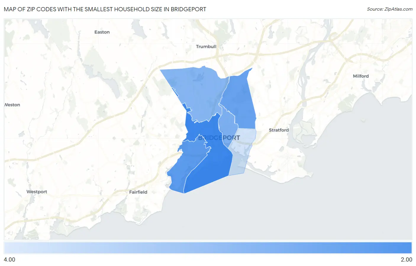 Zip Codes with the Smallest Household Size in Bridgeport Map