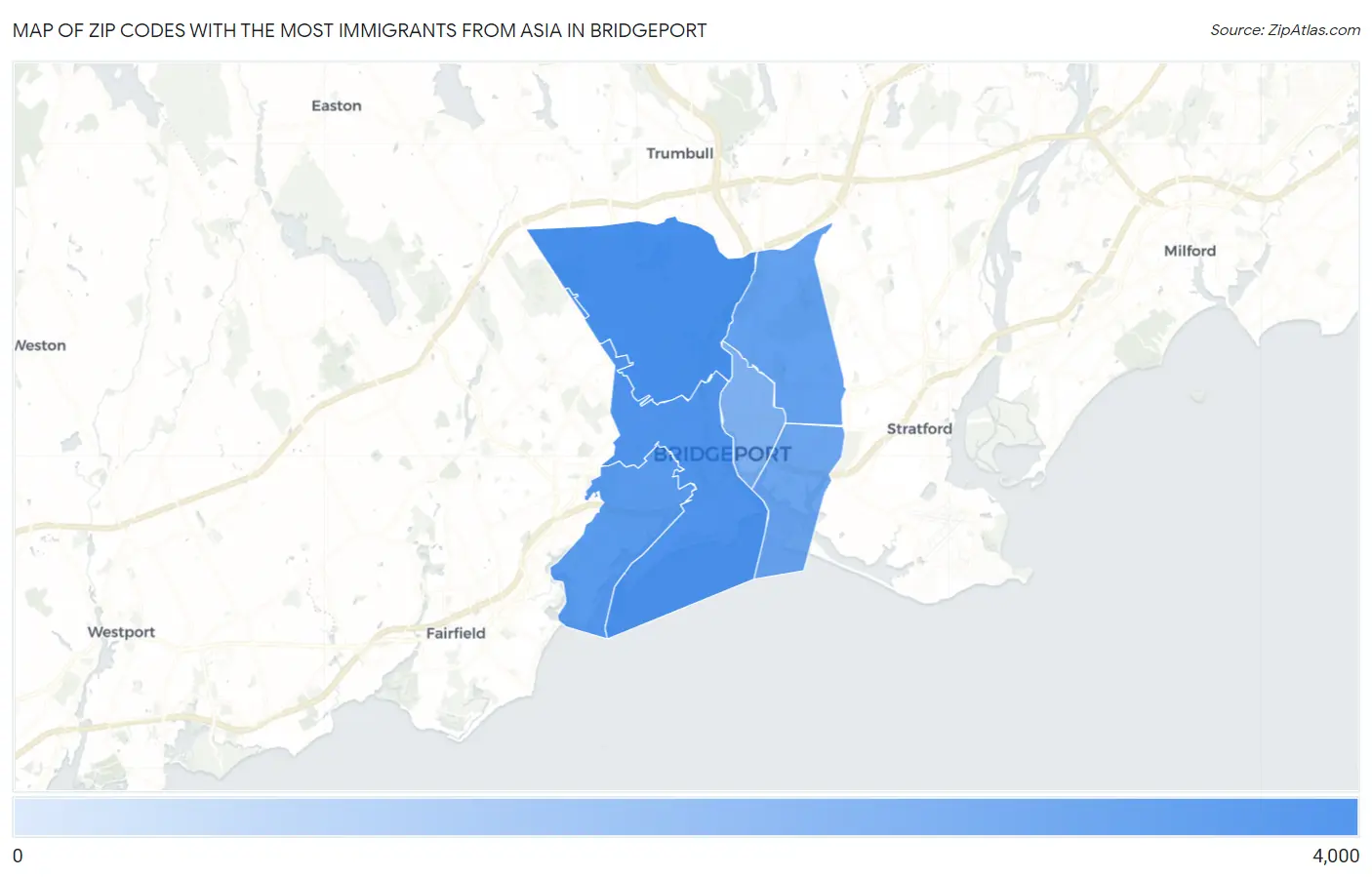 Zip Codes with the Most Immigrants from Asia in Bridgeport Map