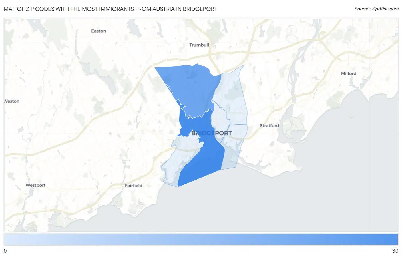 Zip Codes with the Most Immigrants from Austria in Bridgeport Map