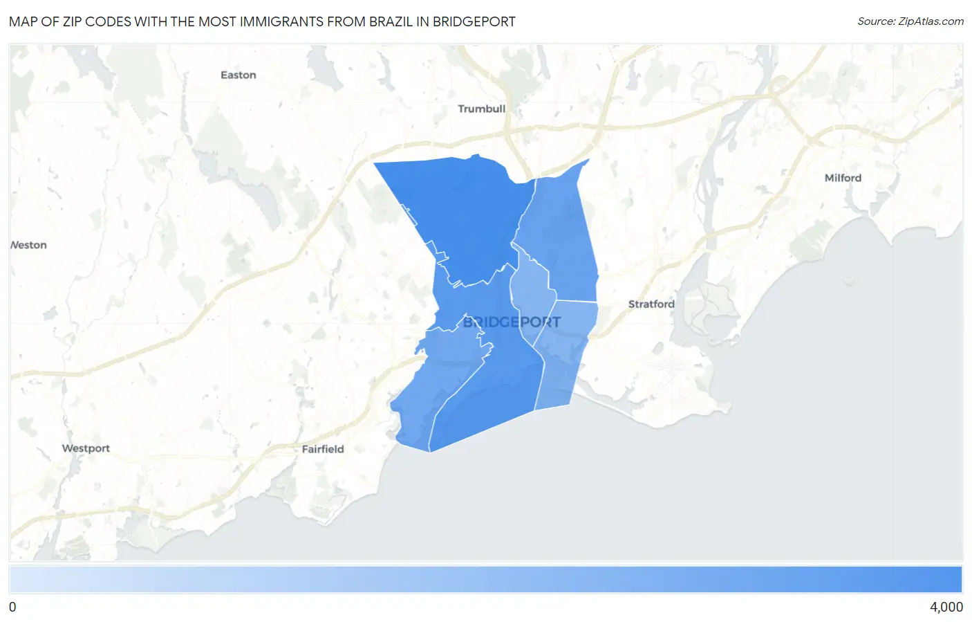 Zip Codes with the Most Immigrants from Brazil in Bridgeport Map