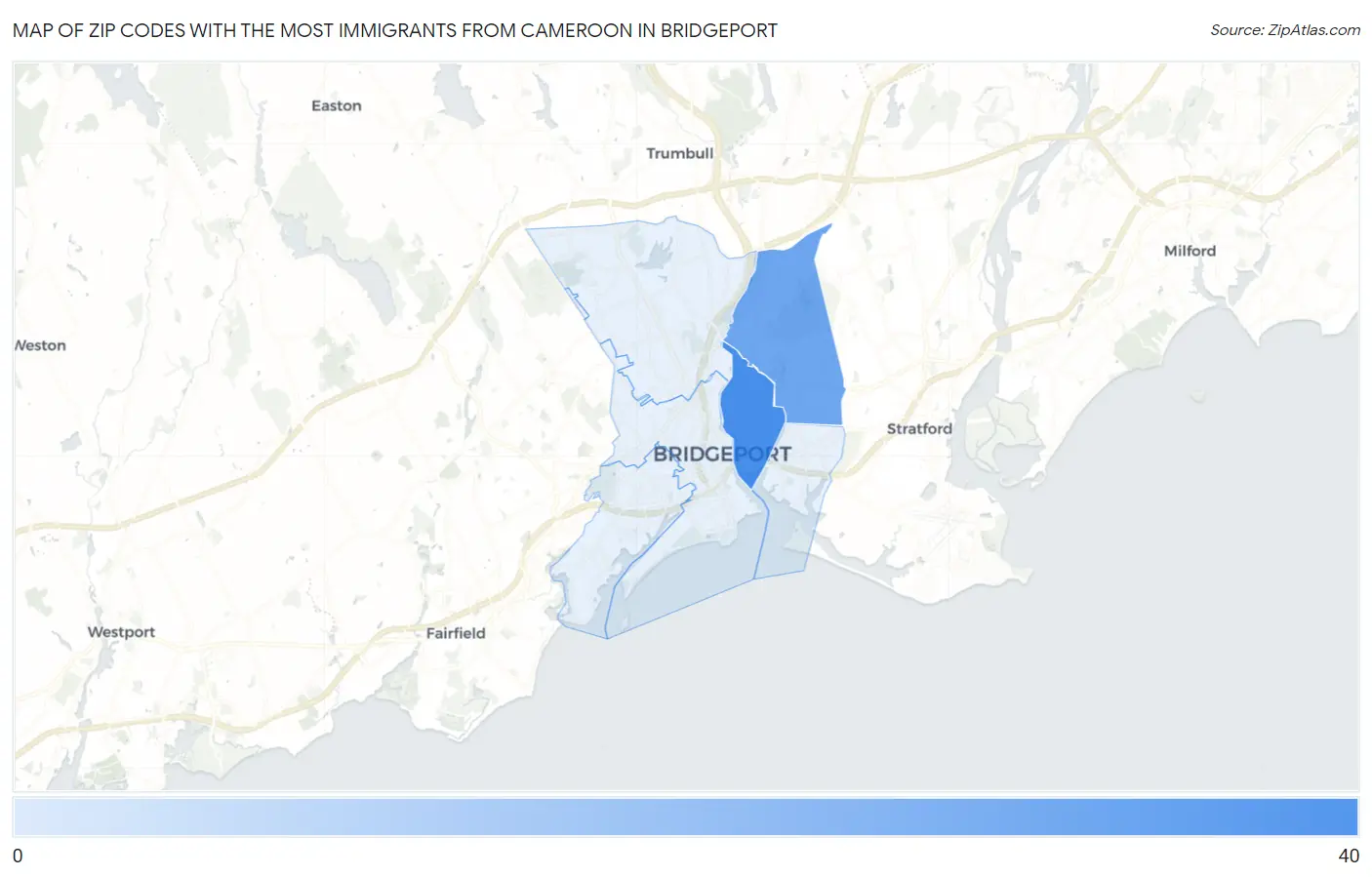 Zip Codes with the Most Immigrants from Cameroon in Bridgeport Map
