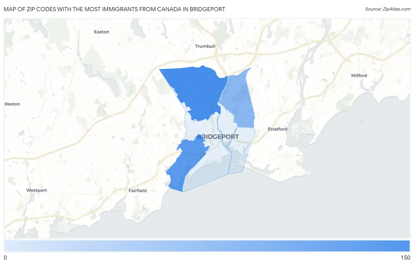 Zip Codes with the Most Immigrants from Canada in Bridgeport Map