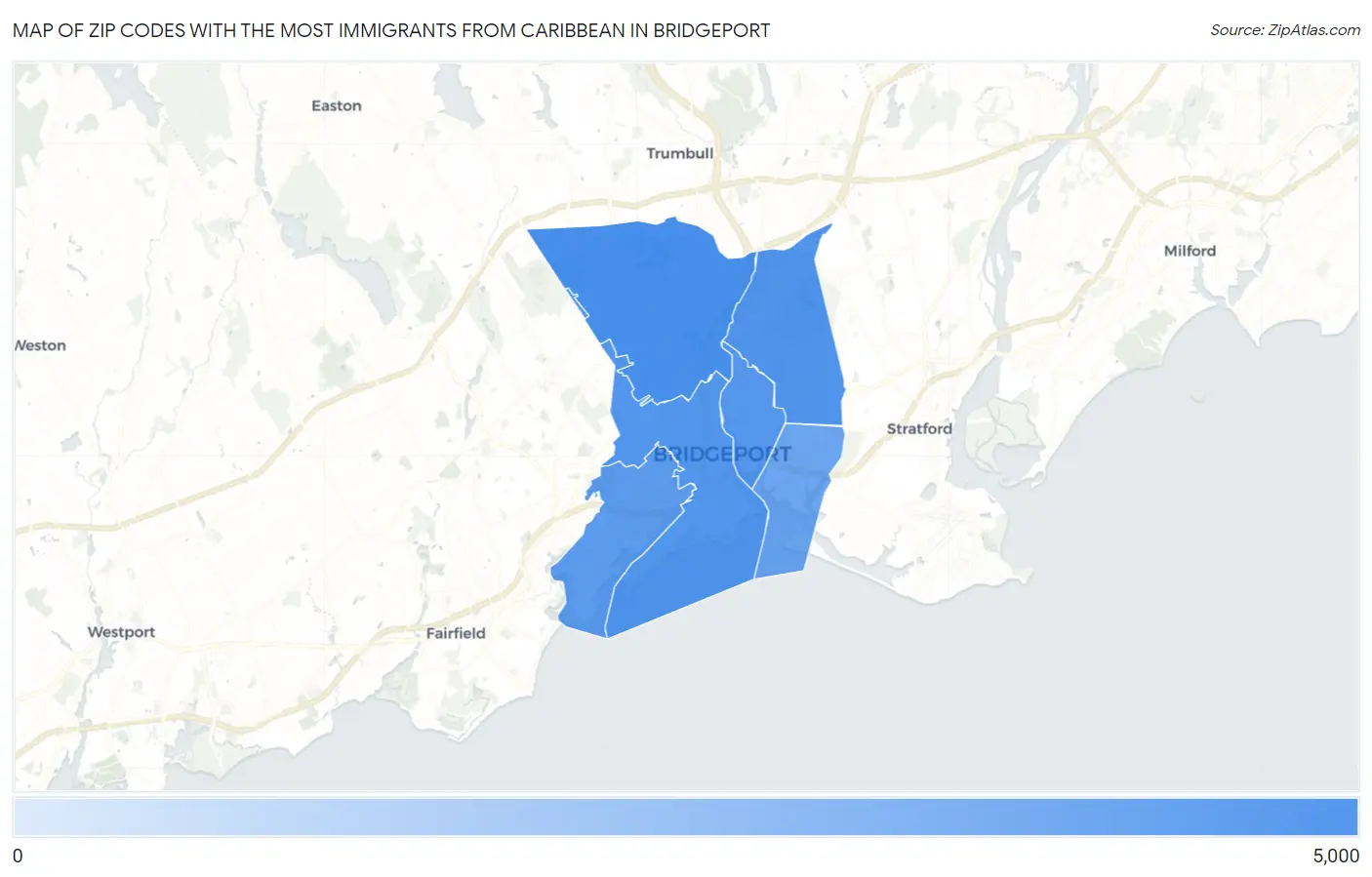 Zip Codes with the Most Immigrants from Caribbean in Bridgeport Map