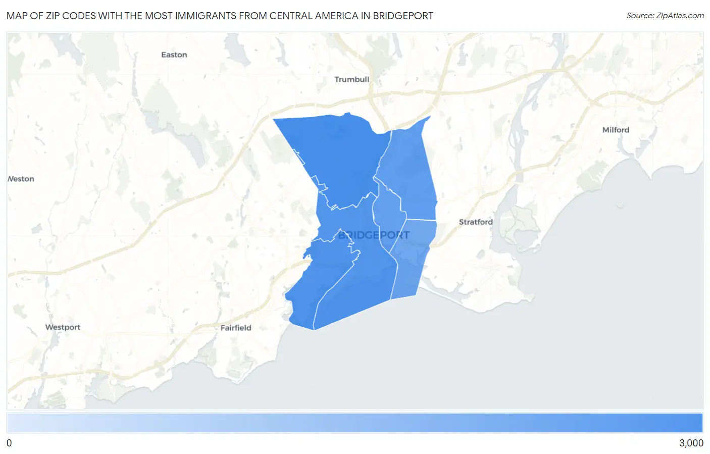 Zip Codes with the Most Immigrants from Central America in Bridgeport Map