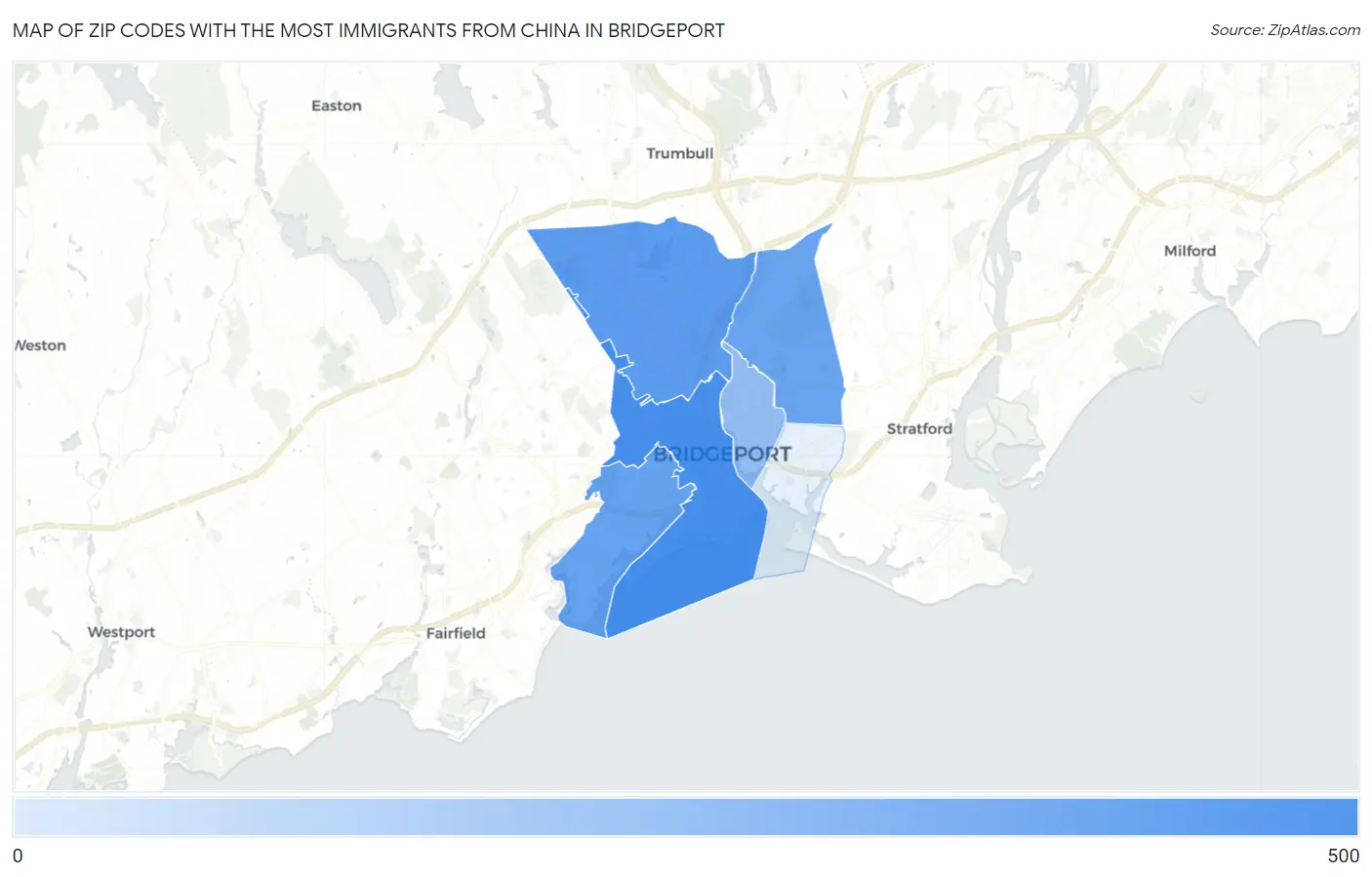 Zip Codes with the Most Immigrants from China in Bridgeport Map