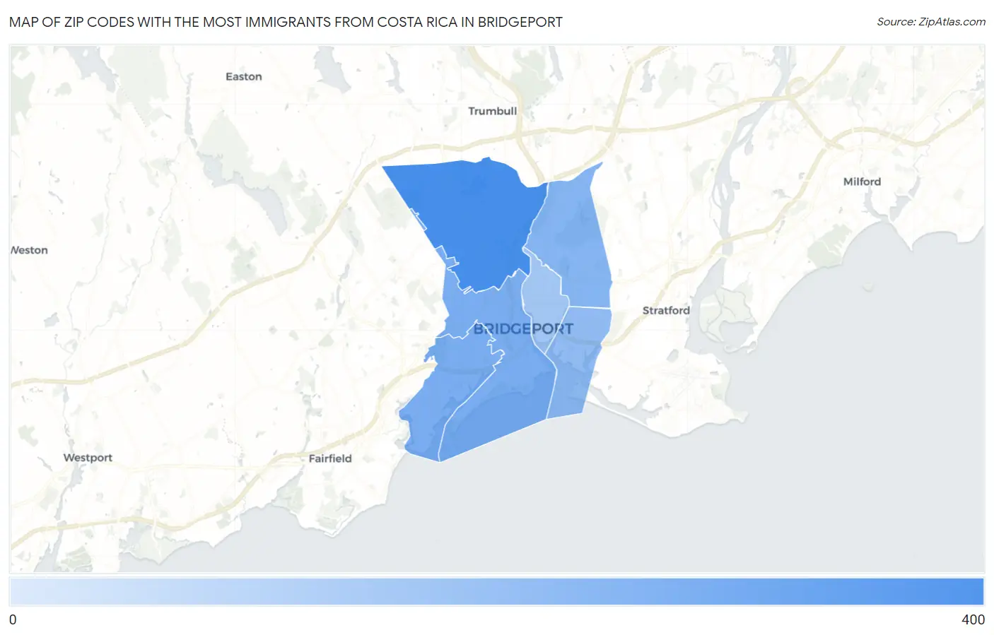 Zip Codes with the Most Immigrants from Costa Rica in Bridgeport Map