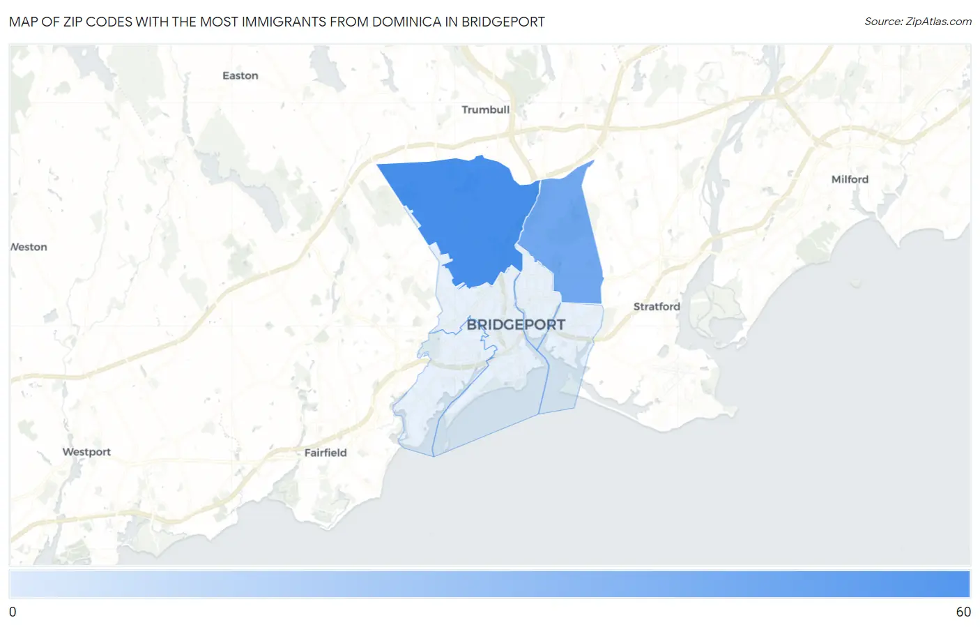 Zip Codes with the Most Immigrants from Dominica in Bridgeport Map