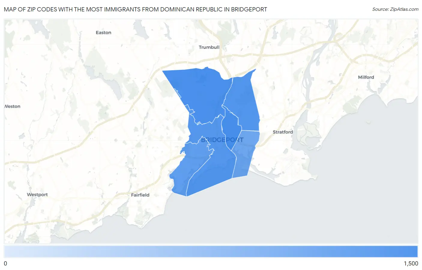 Zip Codes with the Most Immigrants from Dominican Republic in Bridgeport Map