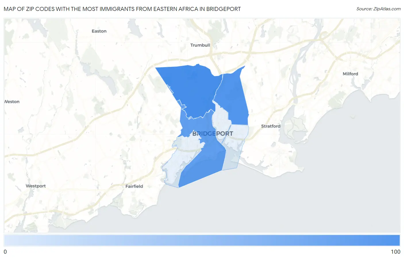 Zip Codes with the Most Immigrants from Eastern Africa in Bridgeport Map