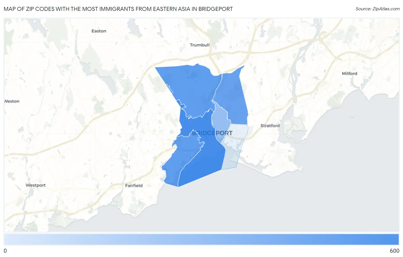 Zip Codes with the Most Immigrants from Eastern Asia in Bridgeport Map