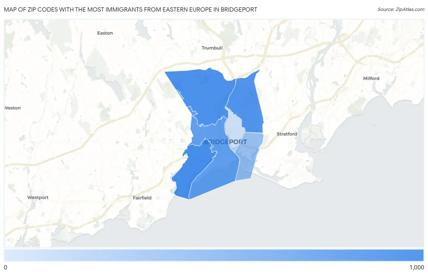 Zip Codes with the Most Immigrants from Eastern Europe in Bridgeport Map
