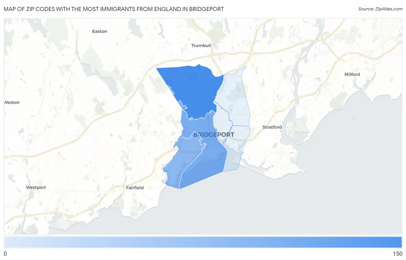 Zip Codes with the Most Immigrants from England in Bridgeport Map