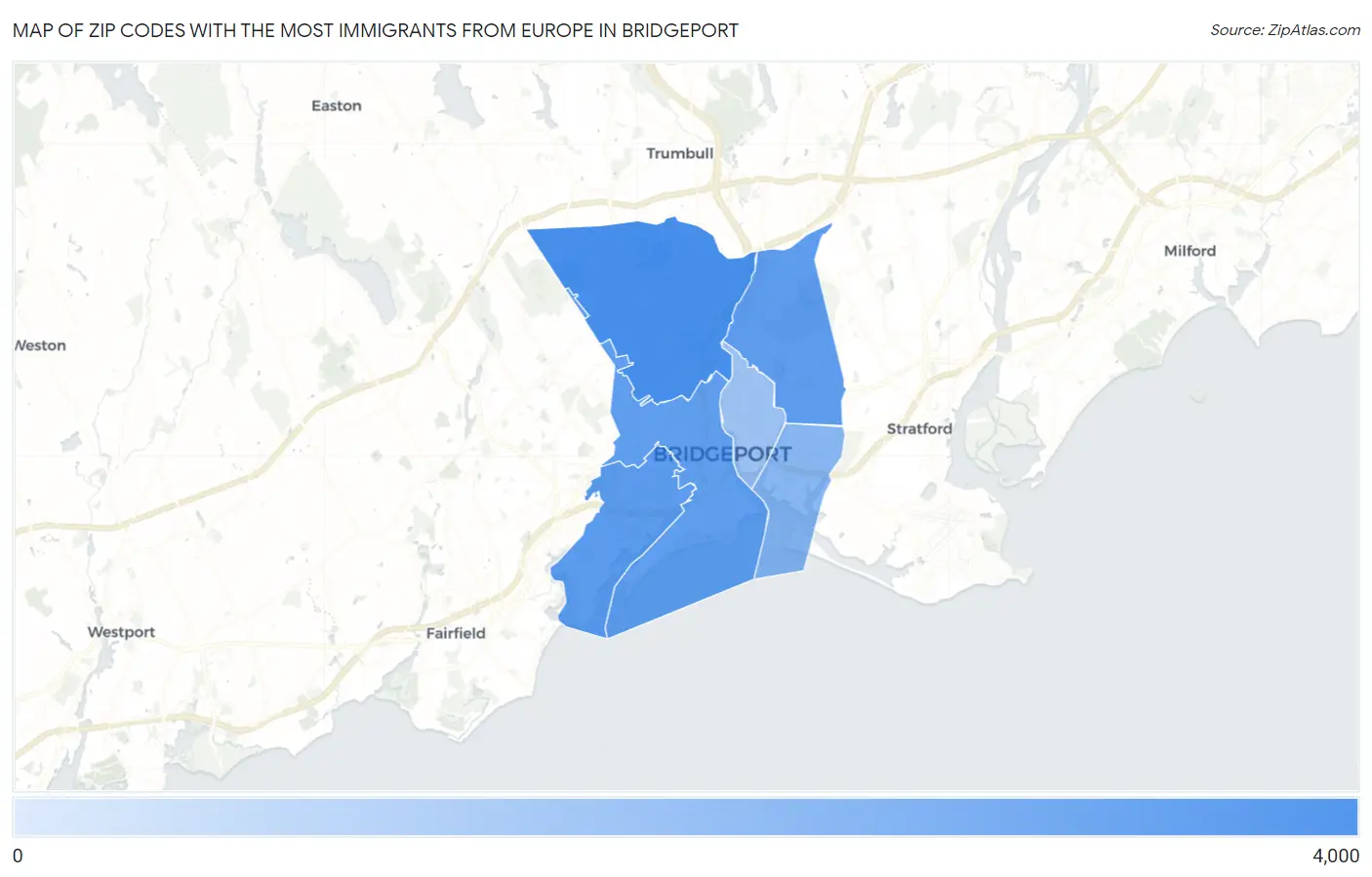 Zip Codes with the Most Immigrants from Europe in Bridgeport Map