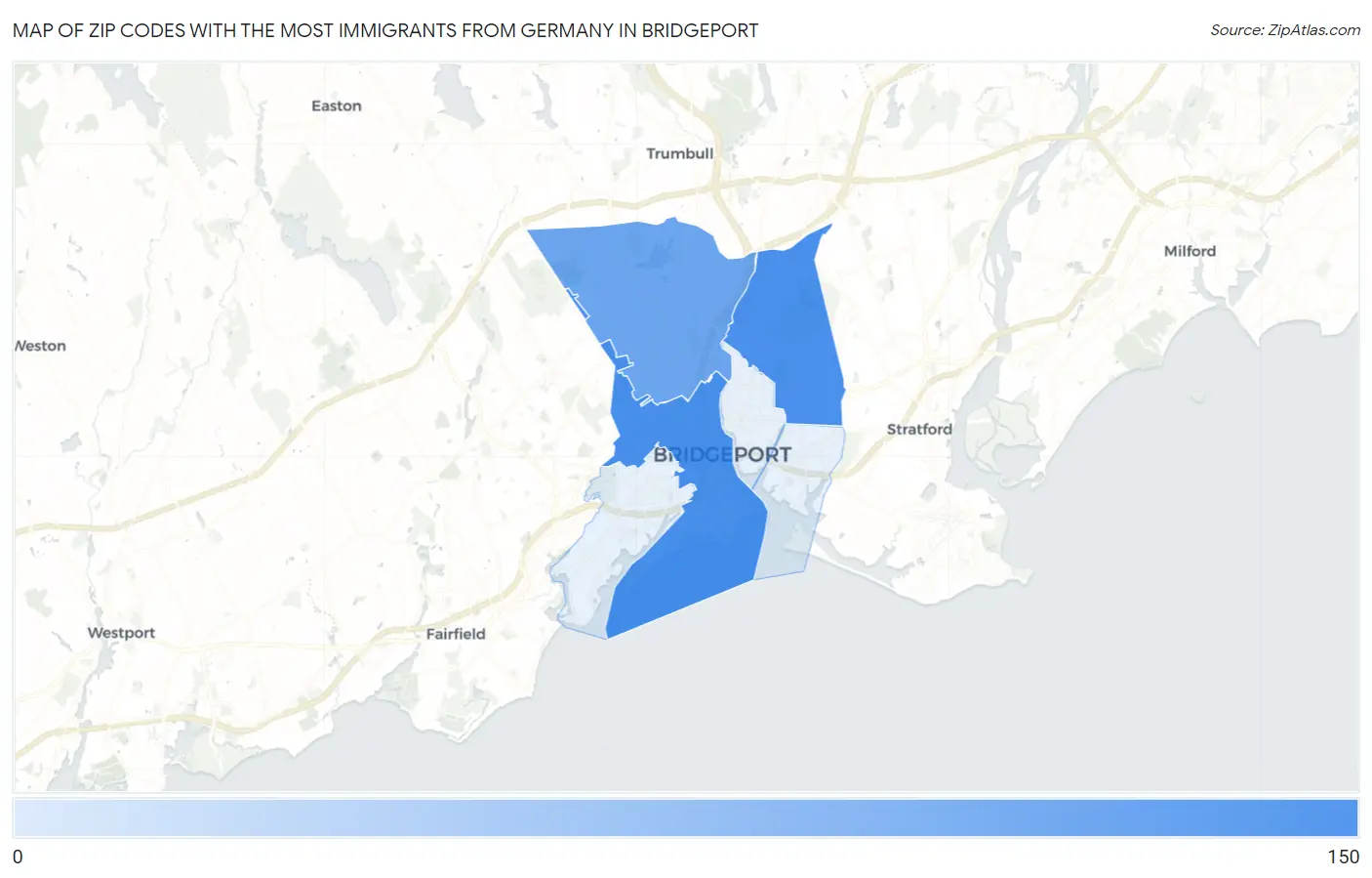 Zip Codes with the Most Immigrants from Germany in Bridgeport Map