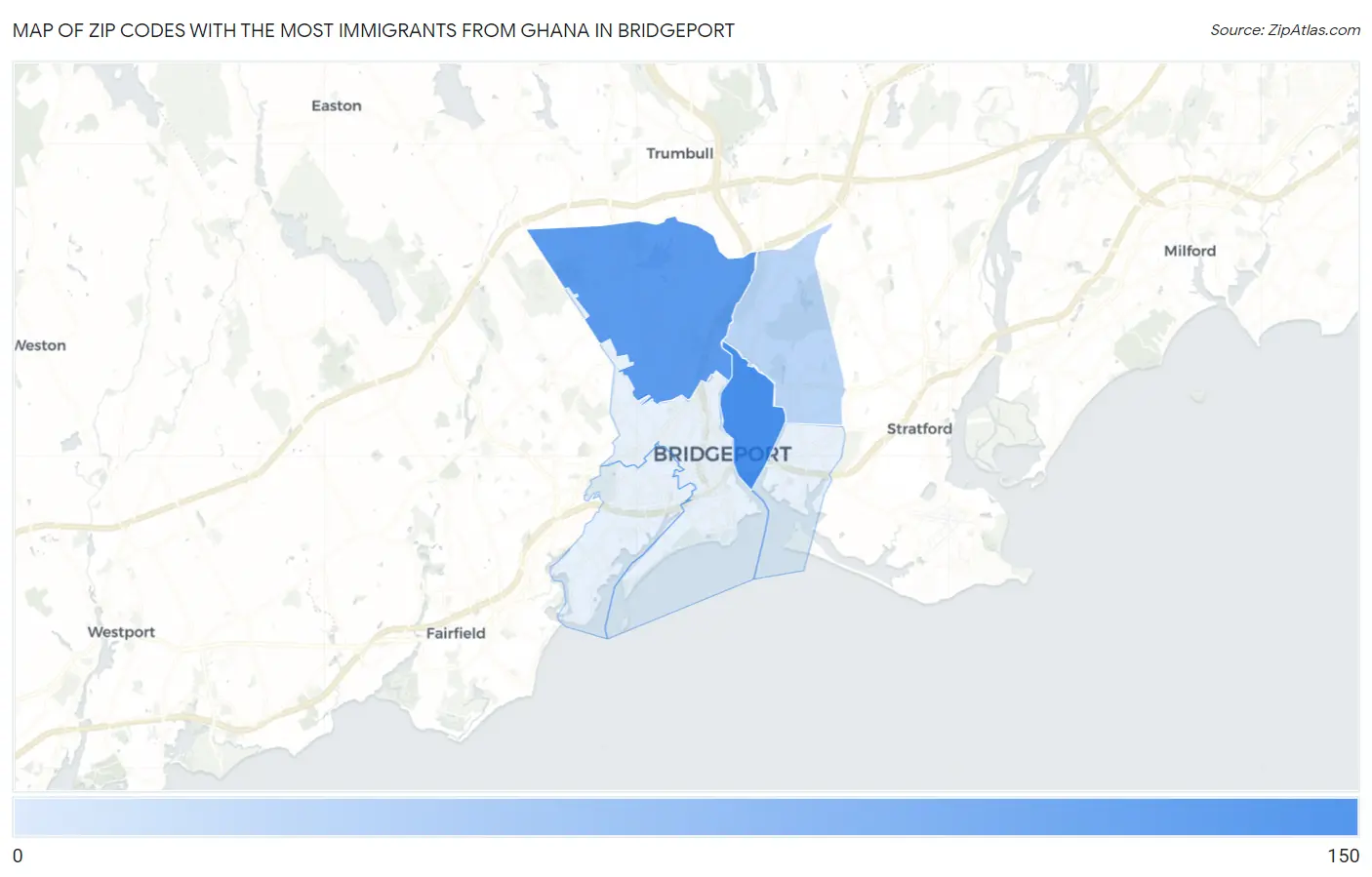Zip Codes with the Most Immigrants from Ghana in Bridgeport Map