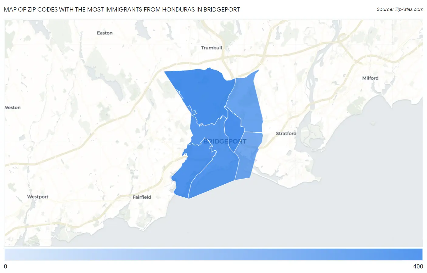 Zip Codes with the Most Immigrants from Honduras in Bridgeport Map