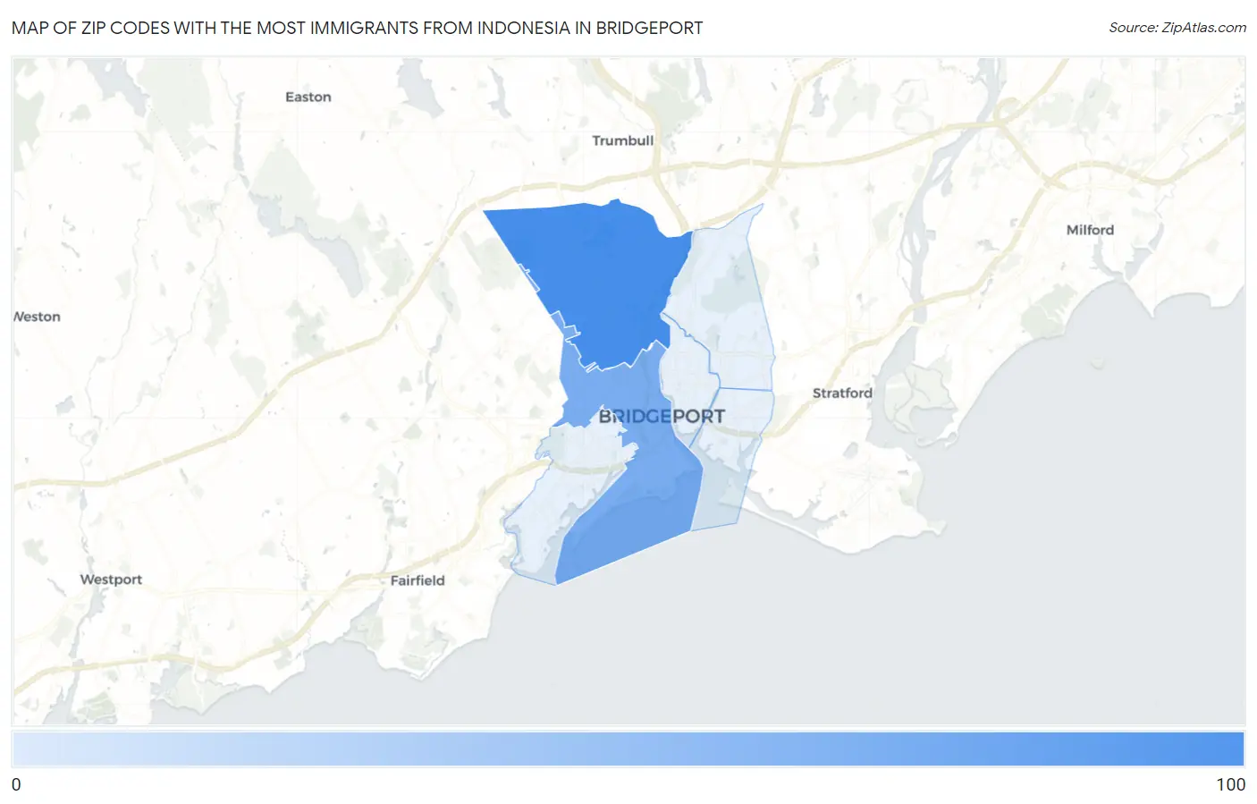 Zip Codes with the Most Immigrants from Indonesia in Bridgeport Map