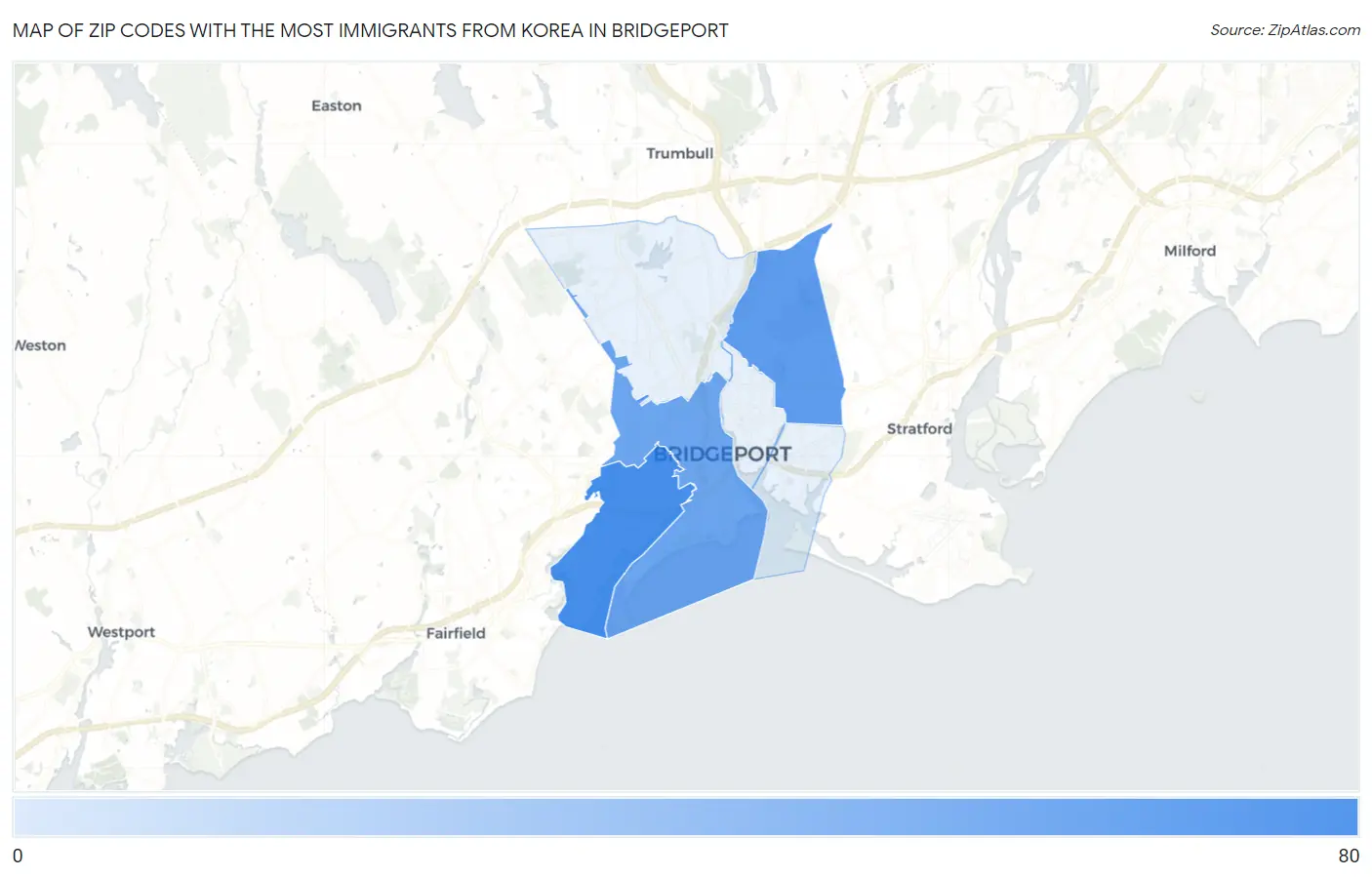 Zip Codes with the Most Immigrants from Korea in Bridgeport Map