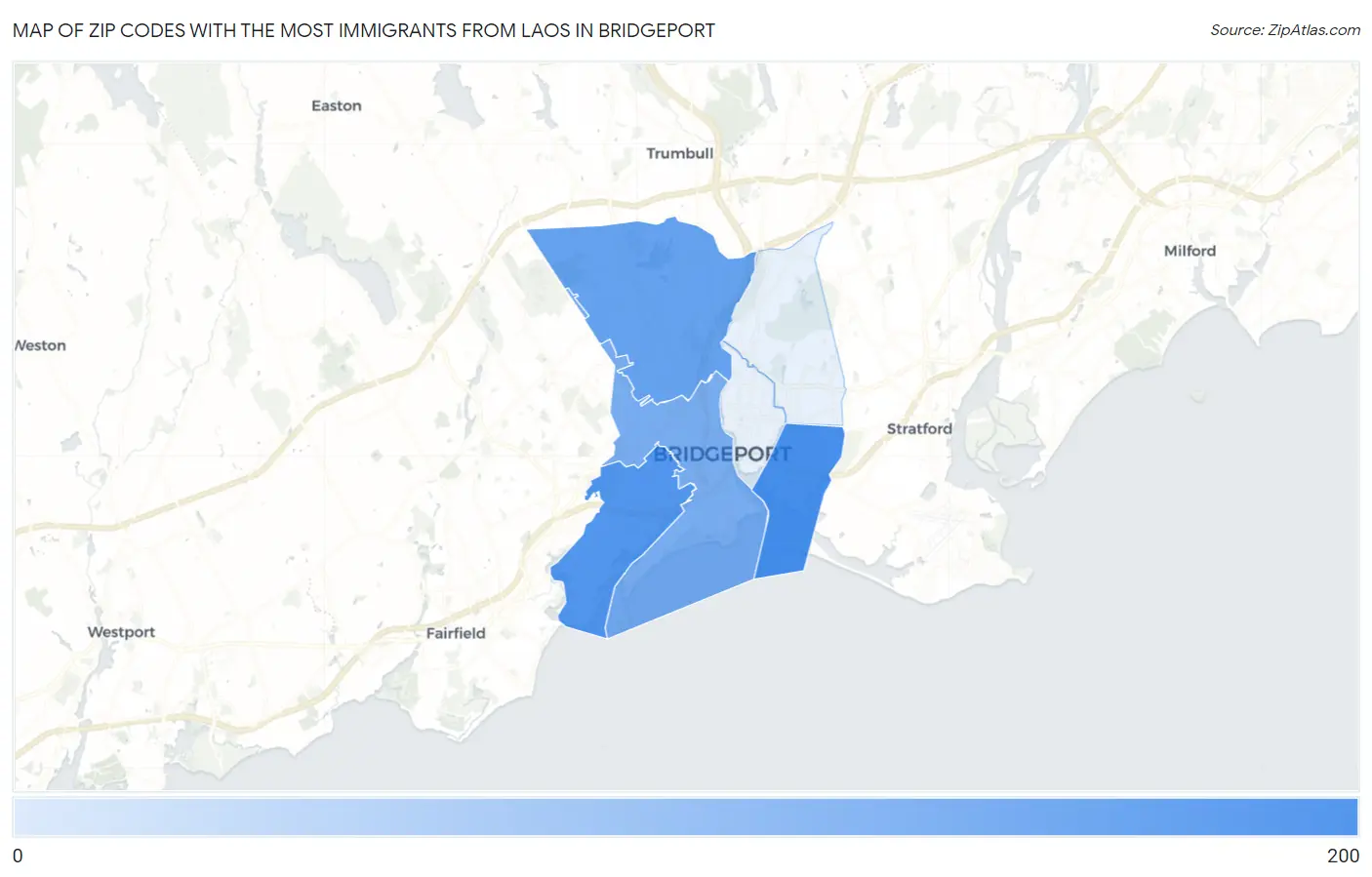 Zip Codes with the Most Immigrants from Laos in Bridgeport Map